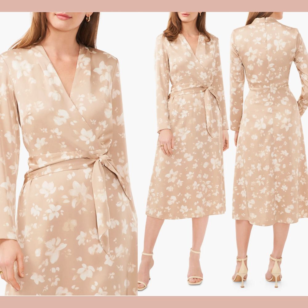 NEW $99 Halogen [ Medium ] Floral Long Sleeve Satin Midi Dress Smoke Beige Q1064